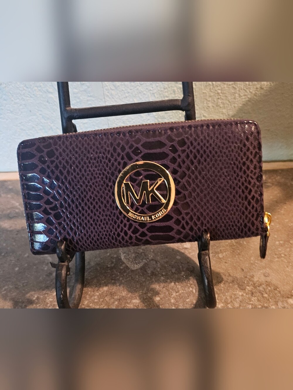 NWOT Michael Kors Dark Purple Snake-Embossed Zip Around Wristlet with Gold Logo